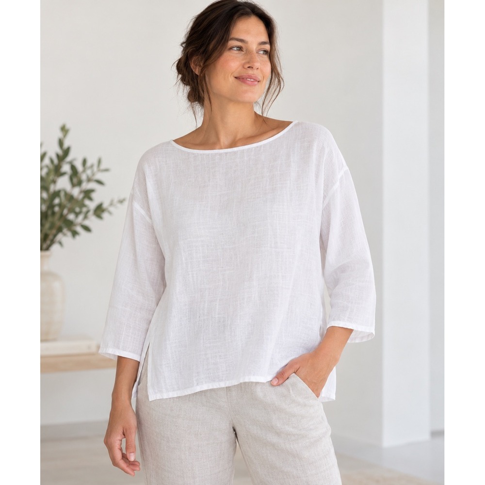 Eileen Fisher White Organic Linen Boxy Top Medium 3/4 Sleeve High Low Hem
